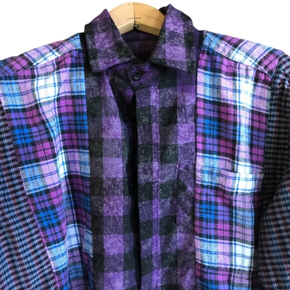 Mixed Print Button-Down Shirt, M: Upcycled Artsy Color Block Purple Black Top - Picture 4 of 12
